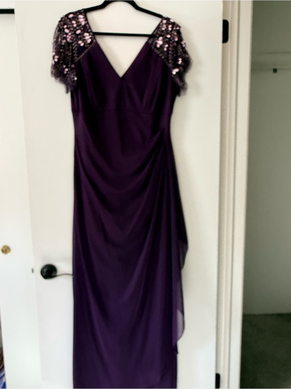 Xscape Purple Beaded-Shoulder Maxi Dress